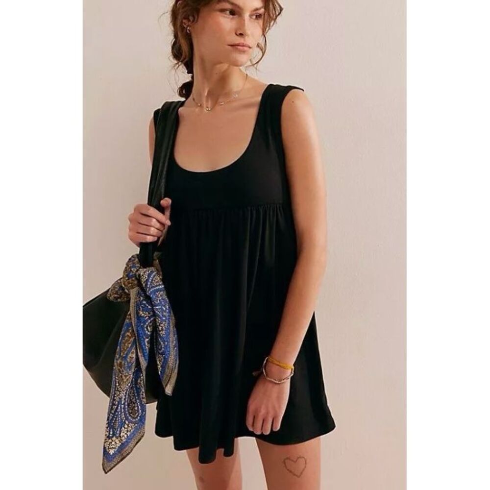 Free People Mazarine Mini Dress Size L Black Babydoll Empire Waist Flowy